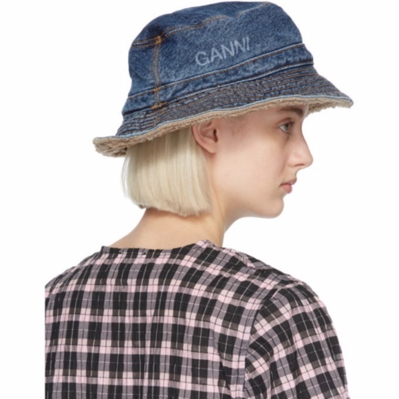 NEW Ganni Logo Organic Cotton Denim Bucket Hat XS/S main image 9